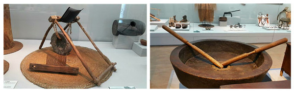 제주의 탈곡용 농기구(왼쪽)와 제주의 도정 농기구